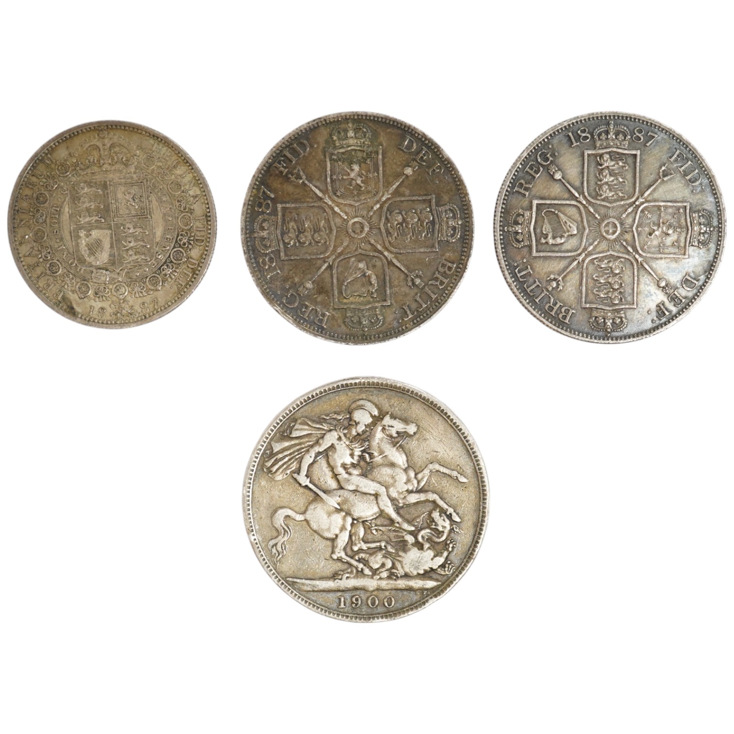 British coins, Victoria, a silver crown, 1900, two double florins, 1887 and a halfcrown, 1887